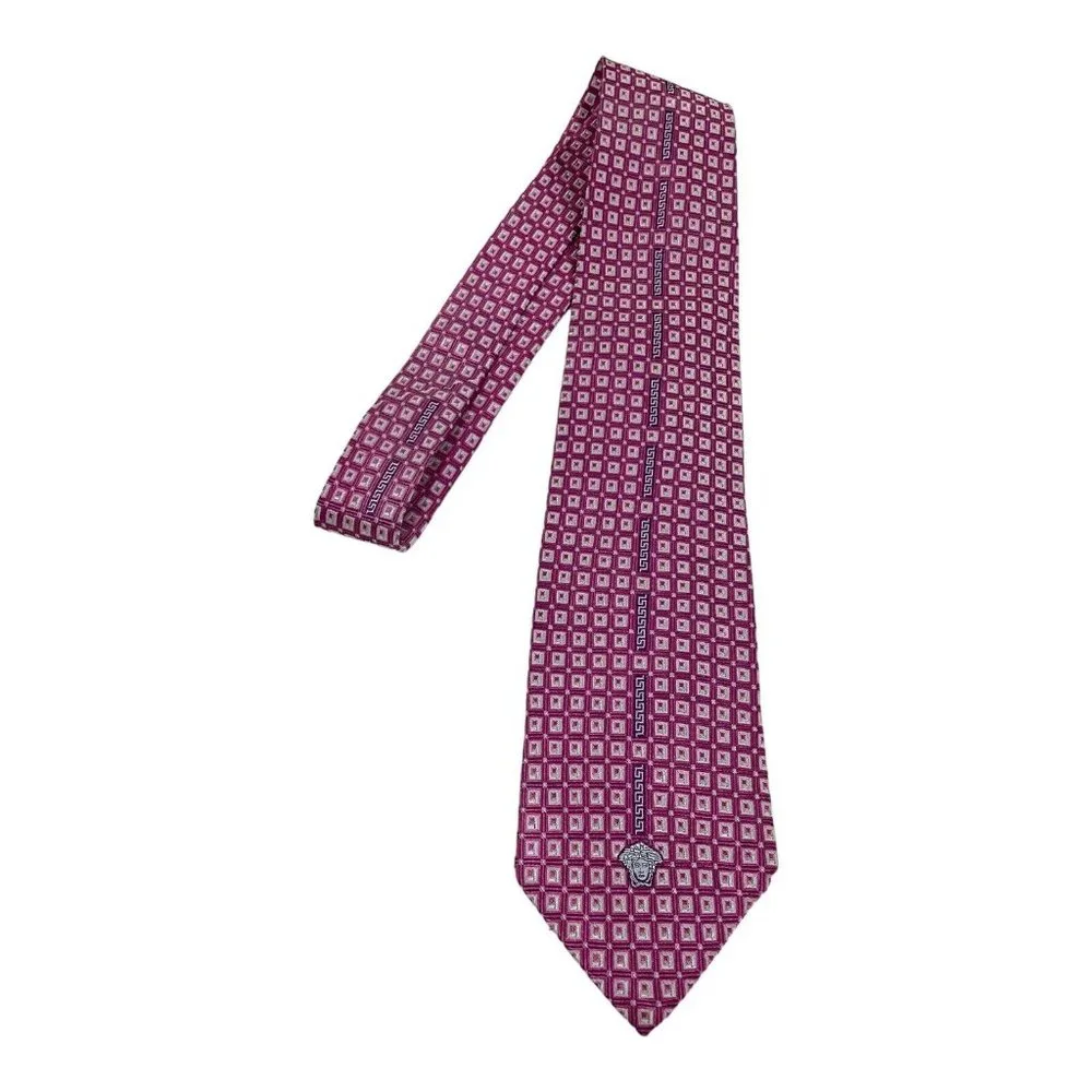 VERSACE Pink Geometric With Logo Silk Tie Made In Italy 58